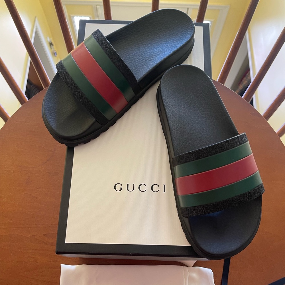 Gucci Black Slides with Red and Green Accents